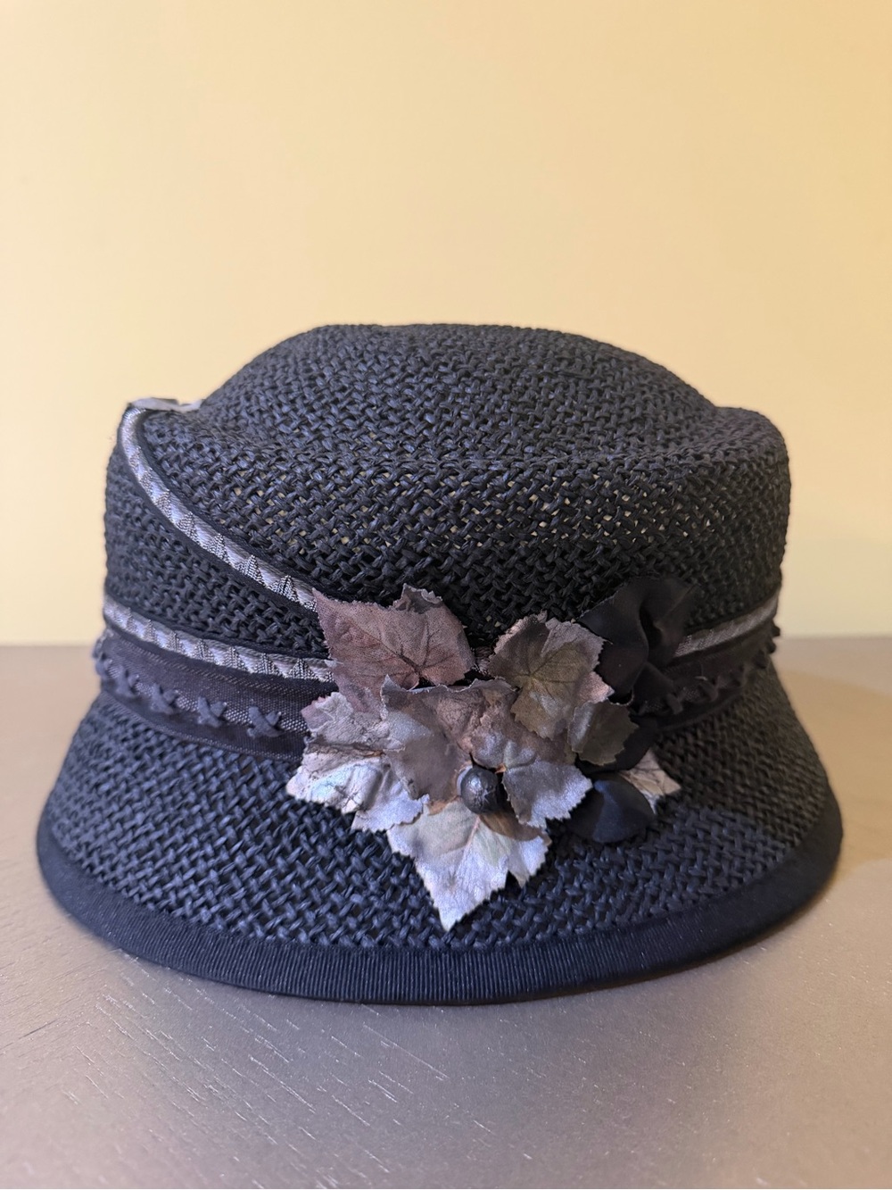 Elegant Black Floral Trim Woven Cloche Hat